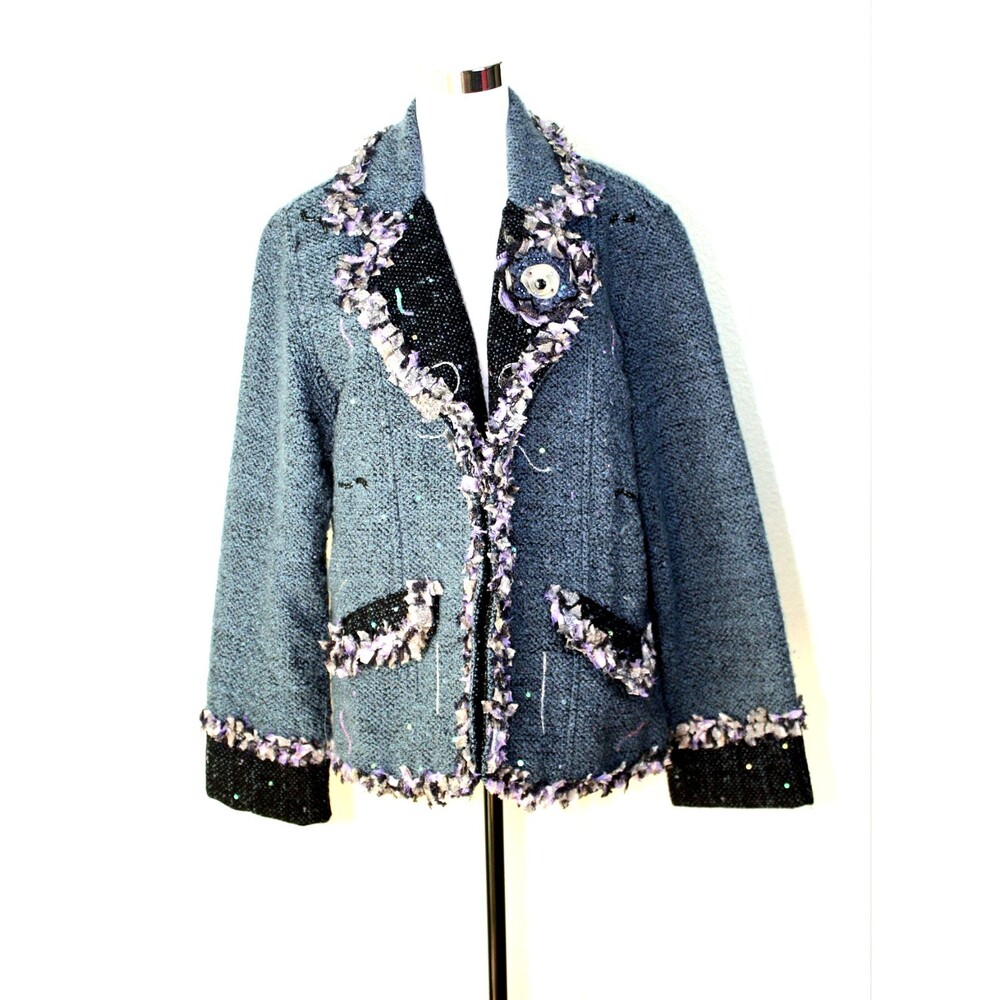Art To Wear YAK  MAGIK Jacket Sz L Embroidered Sequins Blue Black Boucle Y2K  *